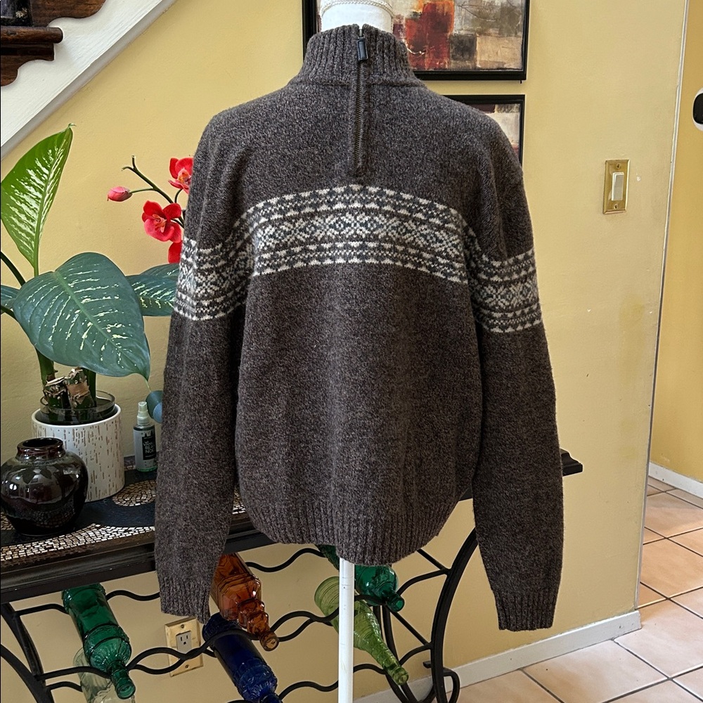 Bowen and Wright Men’s 100%Lamb’s Wool 1/4 Zip Brown Nordic Pullover Sweater Lrg